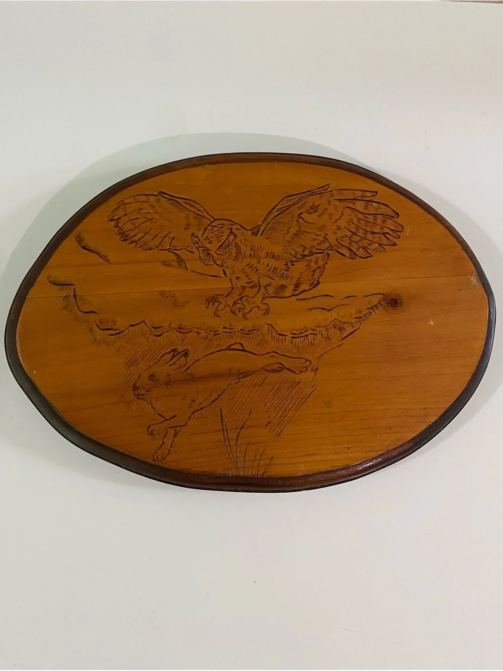 Vintage Pyrography Wall Plaque - Owl Chasing Rabbit